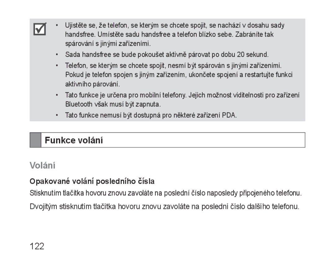 Samsung BHF1000VBECFOP, BHF1000VBECXEF, BHF1000VBECXET manual Funkce volání, Volání, 122, Opakované volání posledního čísla 