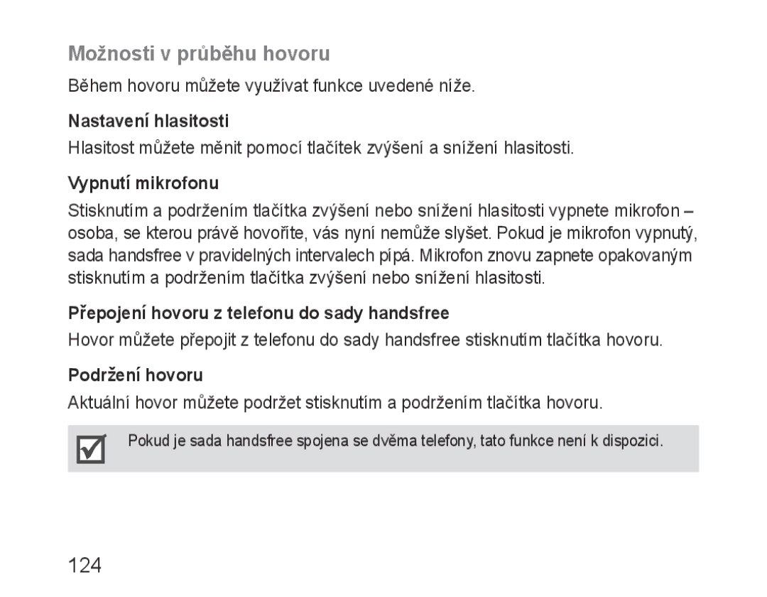 Samsung BHF1000VBEGJED, BHF1000VBECXEF, BHF1000VBECXET, BHF1000VMECFOP, BHF1000VBECFOP manual Možnosti v průběhu hovoru, 124 