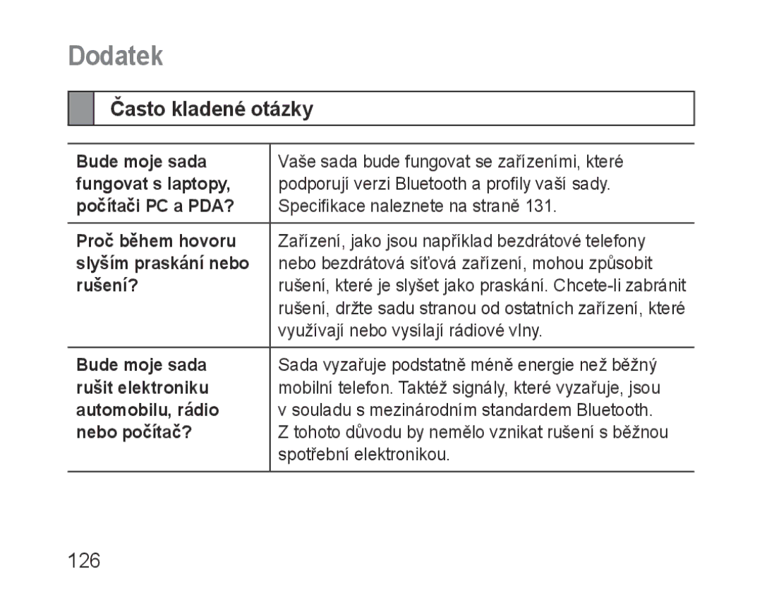 Samsung BHF1000VBECSEB, BHF1000VBECXEF, BHF1000VBECXET, BHF1000VMECFOP, BHF1000VBECFOP manual Často kladené otázky, 126 