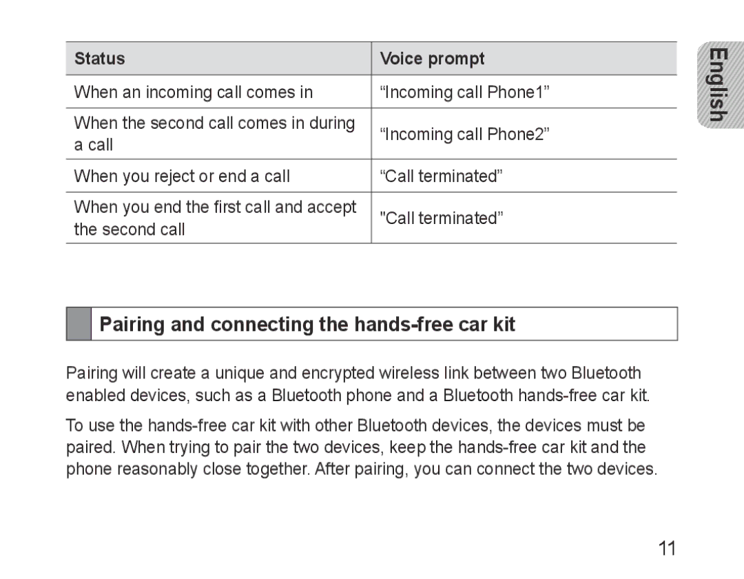 Samsung BHF1000VMECFOP, BHF1000VBECXEF, BHF1000VBECXET, BHF1000VBECFOP manual Pairing and connecting the hands-free car kit 