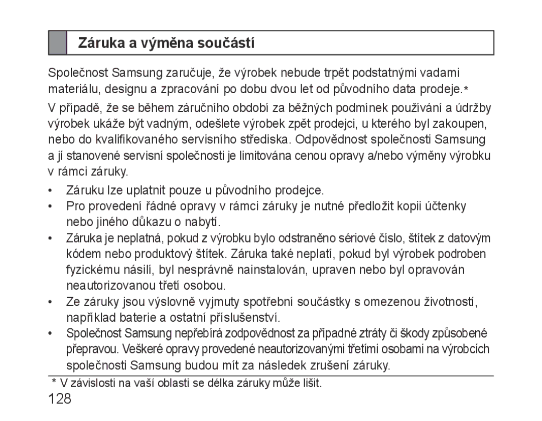 Samsung BHF1000VBECEUR, BHF1000VBECXEF, BHF1000VBECXET, BHF1000VMECFOP, BHF1000VBECFOP manual Záruka a výměna součástí, 128 