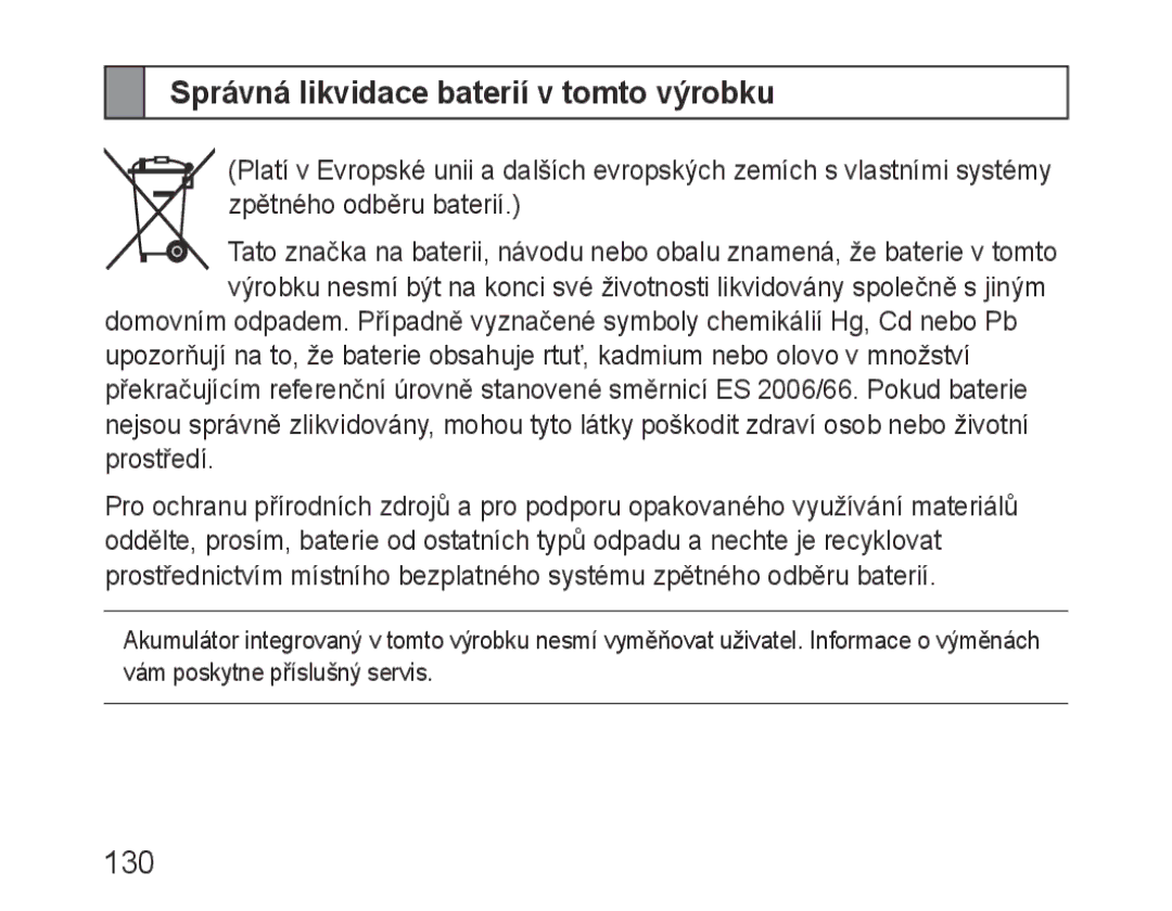 Samsung BHF1000VBECXEF, BHF1000VBECXET, BHF1000VMECFOP, BHF1000VBECFOP manual Správná likvidace baterií v tomto výrobku, 130 