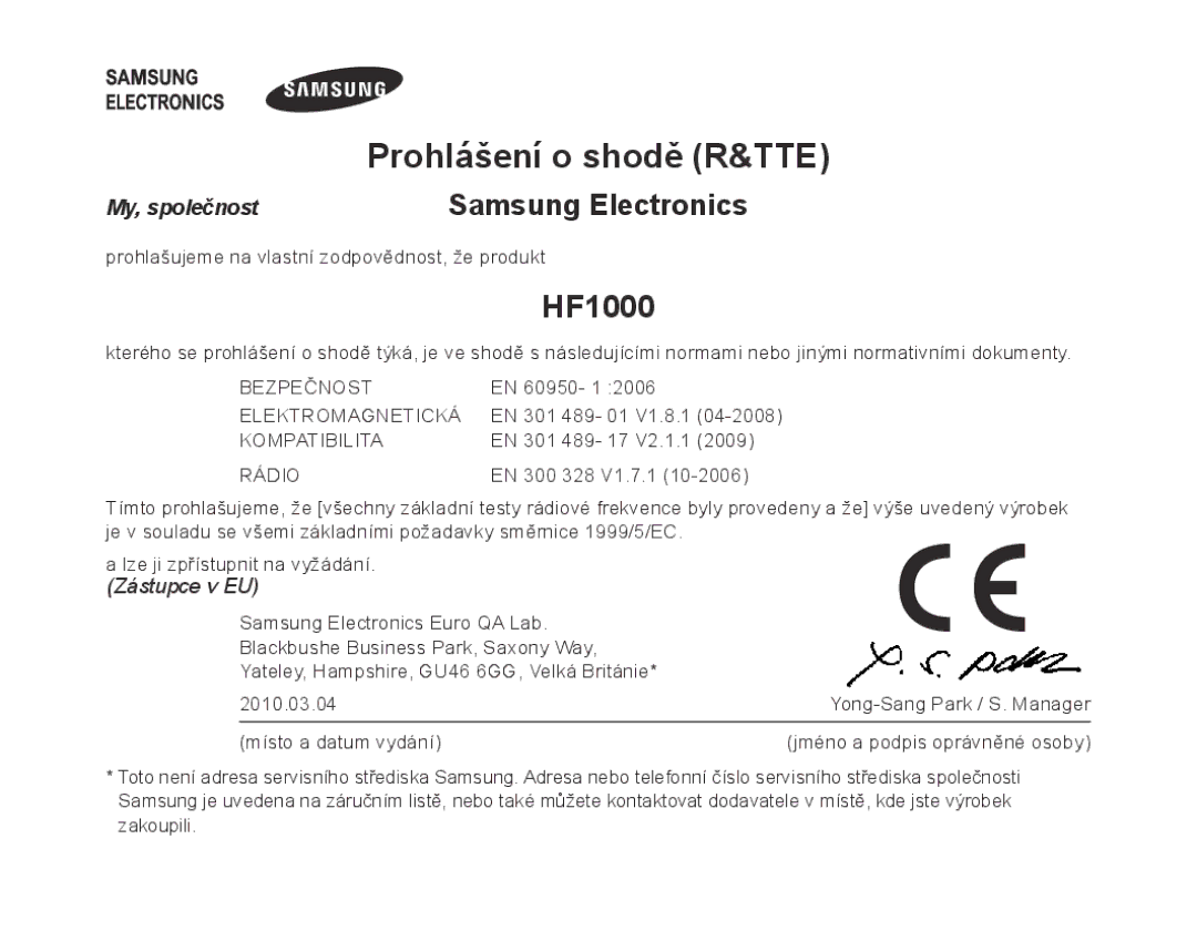 Samsung BHF1000VMECFOP, BHF1000VBECXEF, BHF1000VBECXET, BHF1000VBECFOP, BHF1000VBECXSG manual Prohlášení o shodě R&TTE 