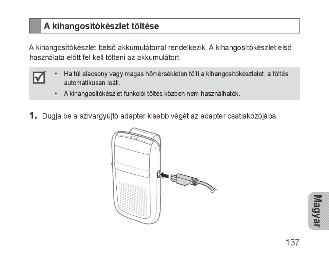 Samsung BHF1000VBECSEB, BHF1000VBECXEF, BHF1000VBECXET, BHF1000VMECFOP manual Kihangosítókészlet töltése, Magyar, 137 