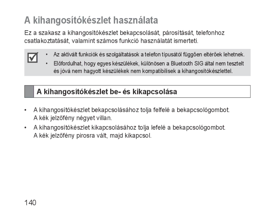 Samsung BHF1000VBECSER, BHF1000VBECXEF manual Kihangosítókészlet használata, Kihangosítókészlet be- és kikapcsolása, 140 