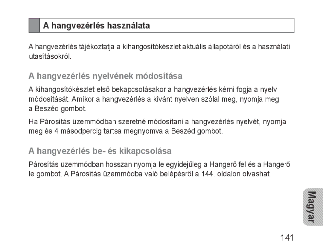 Samsung BHF1000VBECXEF Hangvezérlés használata, Hangvezérlés nyelvének módosítása, Hangvezérlés be- és kikapcsolása, 141 