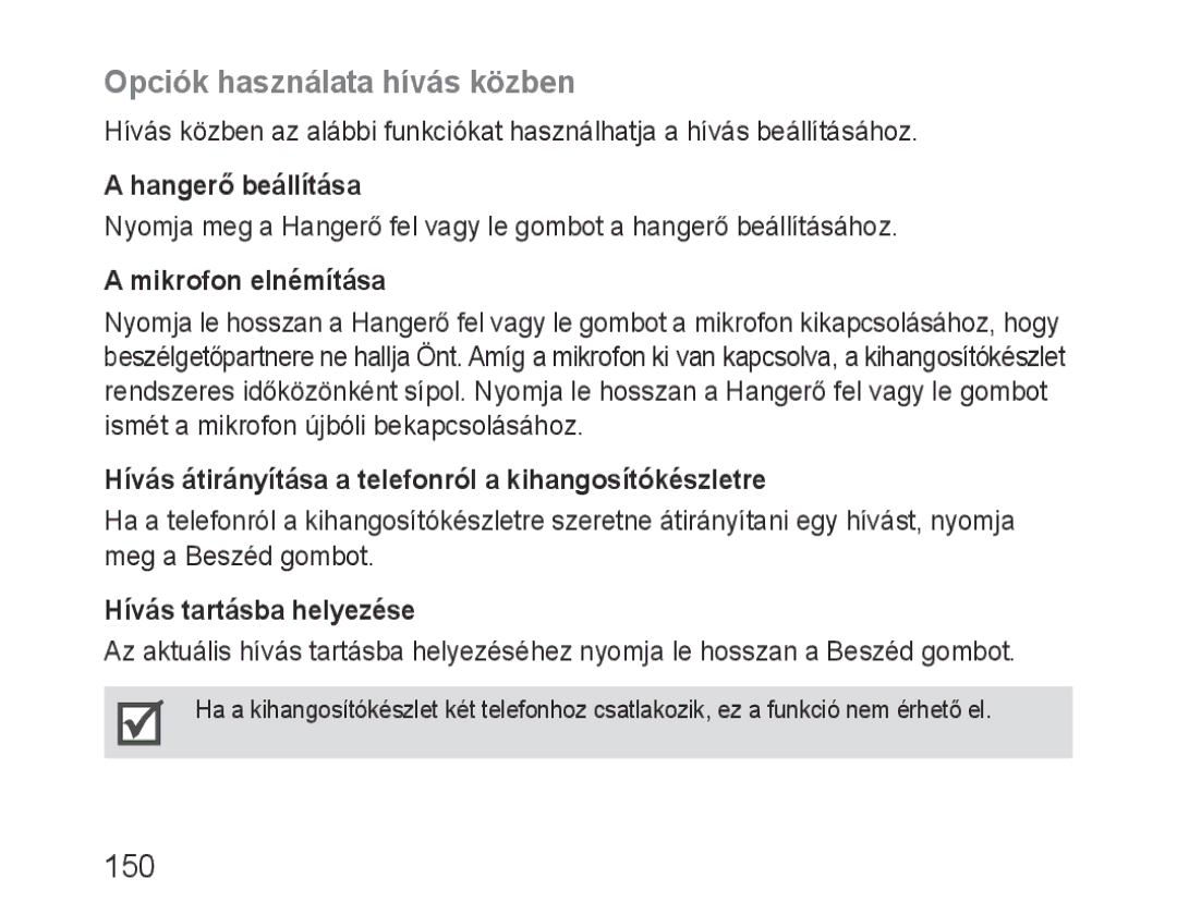 Samsung BHF1000VBECEUR, BHF1000VBECXEF, BHF1000VBECXET, BHF1000VMECFOP, BHF1000VBECFOP Opciók használata hívás közben, 150 