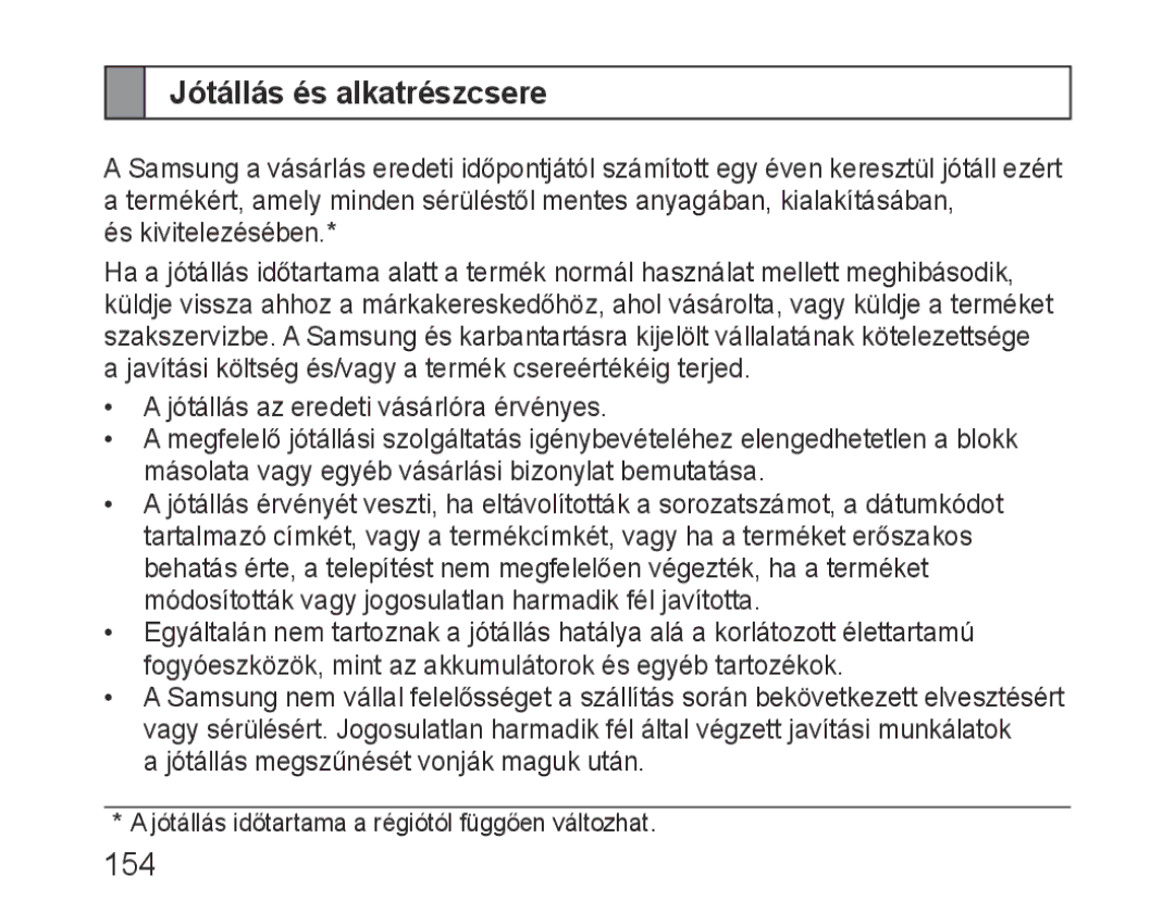 Samsung BHF1000VMECFOP, BHF1000VBECXEF, BHF1000VBECXET, BHF1000VBECFOP, BHF1000VBECXSG manual Jótállás és alkatrészcsere, 154 