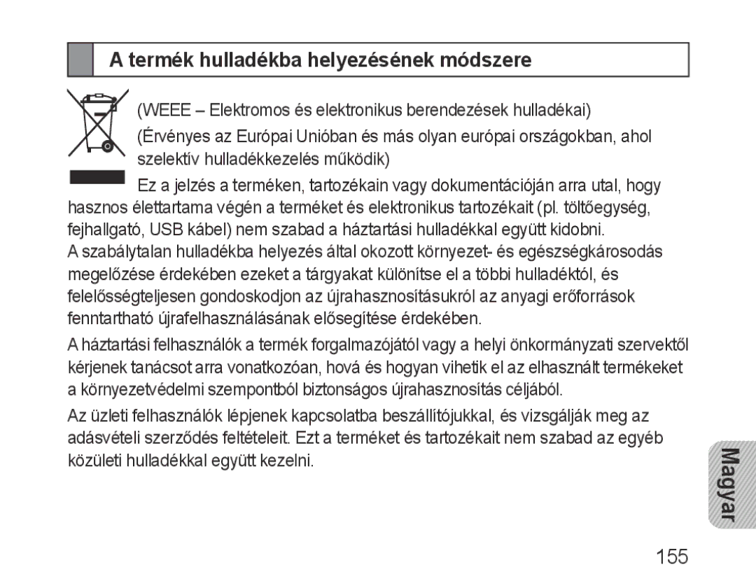 Samsung BHF1000VBECFOP, BHF1000VBECXEF, BHF1000VBECXET, BHF1000VMECFOP manual Termék hulladékba helyezésének módszere, 155 