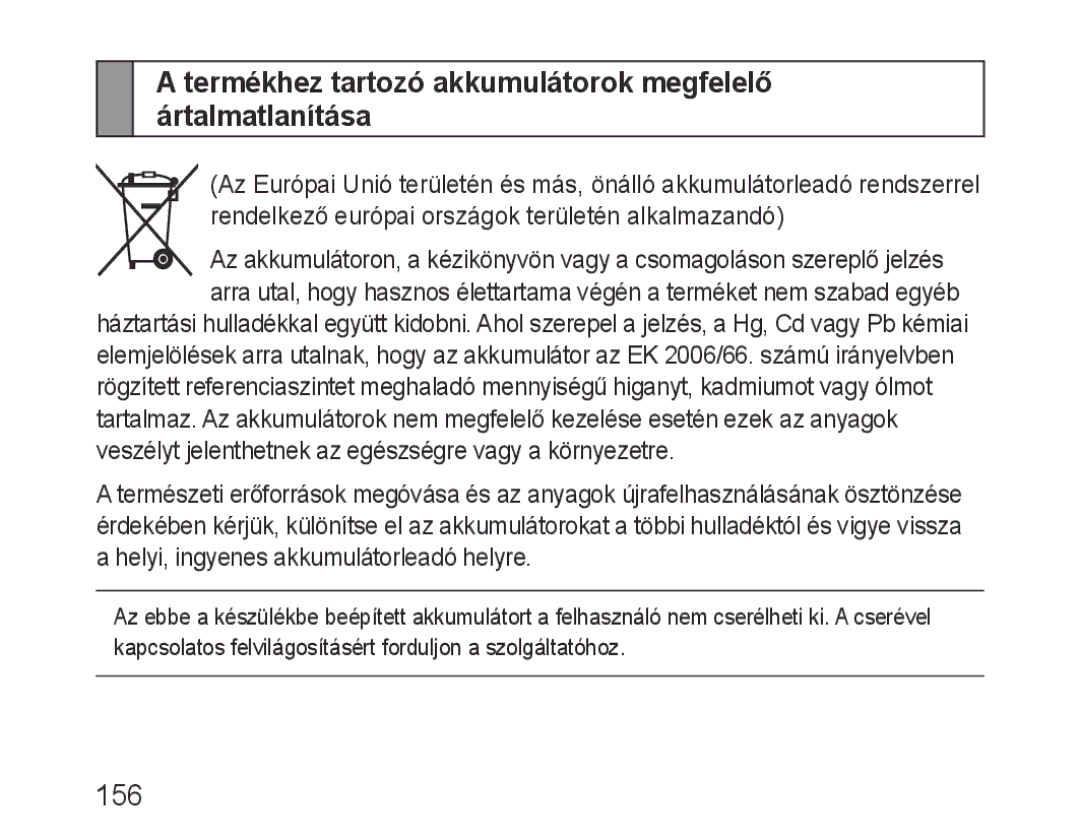 Samsung BHF1000VBECXSG, BHF1000VBECXEF, BHF1000VBECXET manual Termékhez tartozó akkumulátorok megfelelő ártalmatlanítása, 156 