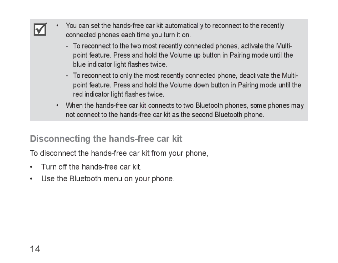 Samsung BHF1000VBEGJED, BHF1000VBECXEF, BHF1000VBECXET, BHF1000VMECFOP, BHF1000VBECFOP Disconnecting the hands-free car kit 