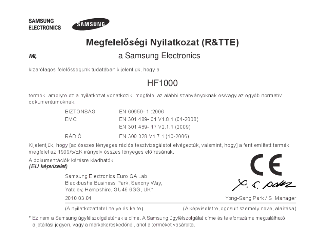 Samsung BHF1000VBECXEH, BHF1000VBECXEF, BHF1000VBECXET, BHF1000VMECFOP, BHF1000VBECFOP manual Megfelelőségi Nyilatkozat R&TTE 