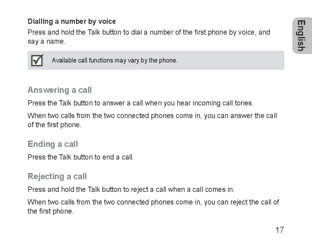 Samsung BHF1000VBECXEE, BHF1000VBECXEF manual Answering a call, Ending a call, Rejecting a call, Dialling a number by voice 