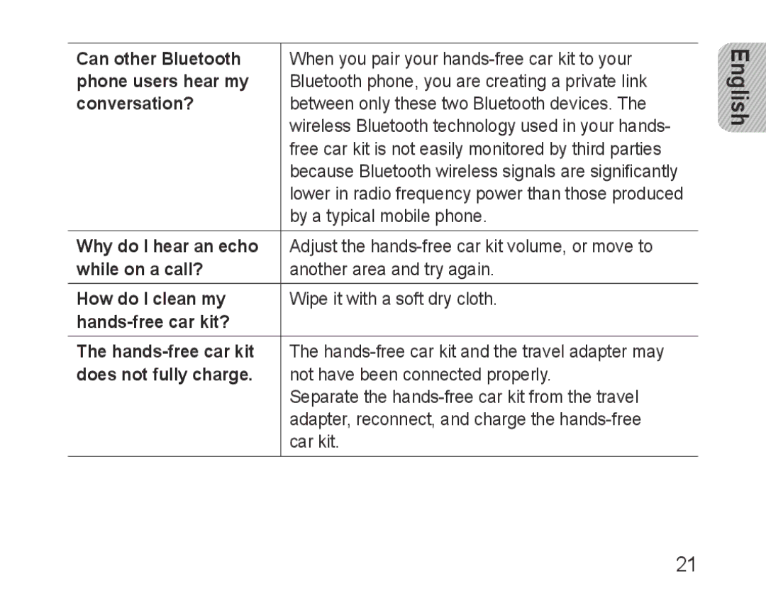 Samsung BHF1000VBECXET Can other Bluetooth, Phone users hear my, Conversation?, Why do I hear an echo, While on a call? 