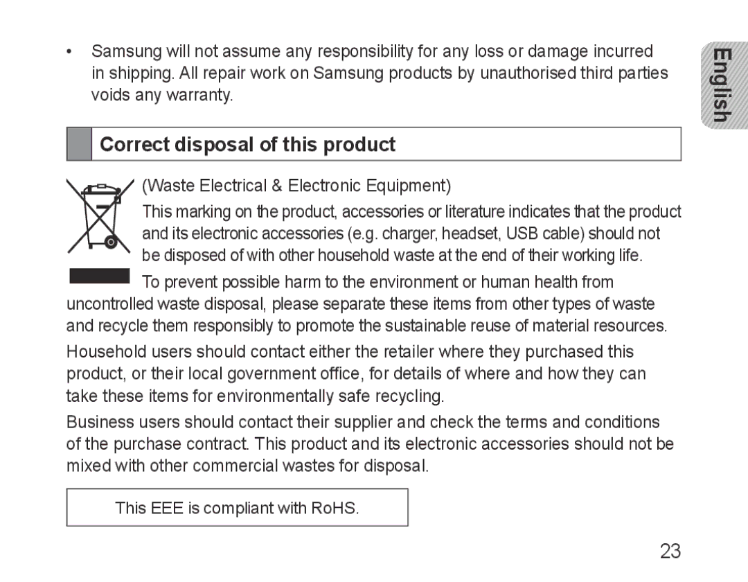 Samsung BHF1000VBECFOP, BHF1000VBECXEF manual Correct disposal of this product, Waste Electrical & Electronic Equipment 