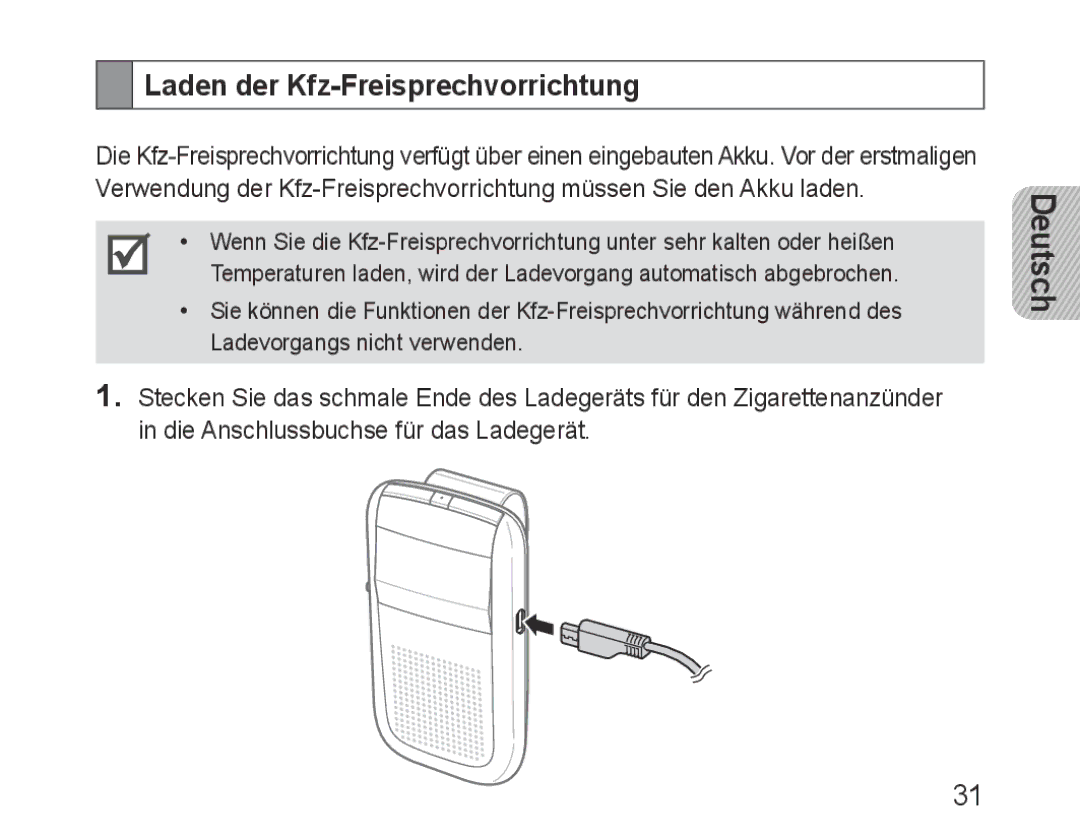 Samsung BHF1000VBECXEF, BHF1000VBECXET, BHF1000VMECFOP, BHF1000VBECFOP, BHF1000VBECXSG Laden der Kfz-Freisprechvorrichtung 