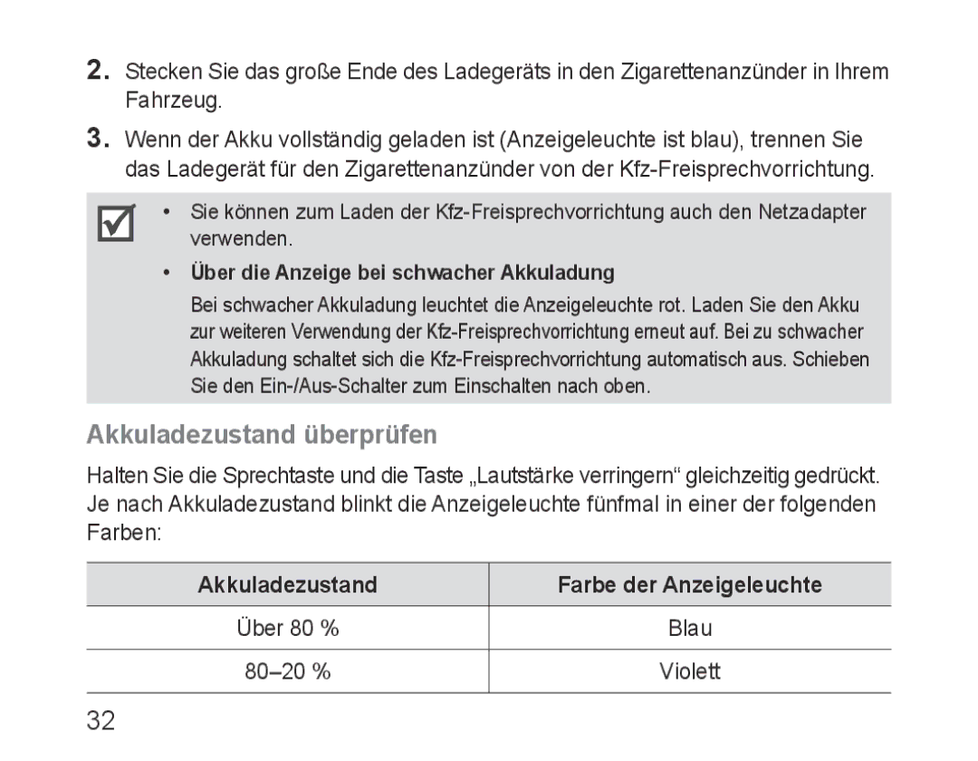 Samsung BHF1000VBECXET, BHF1000VBECXEF, BHF1000VMECFOP Akkuladezustand überprüfen, Akkuladezustand Farbe der Anzeigeleuchte 