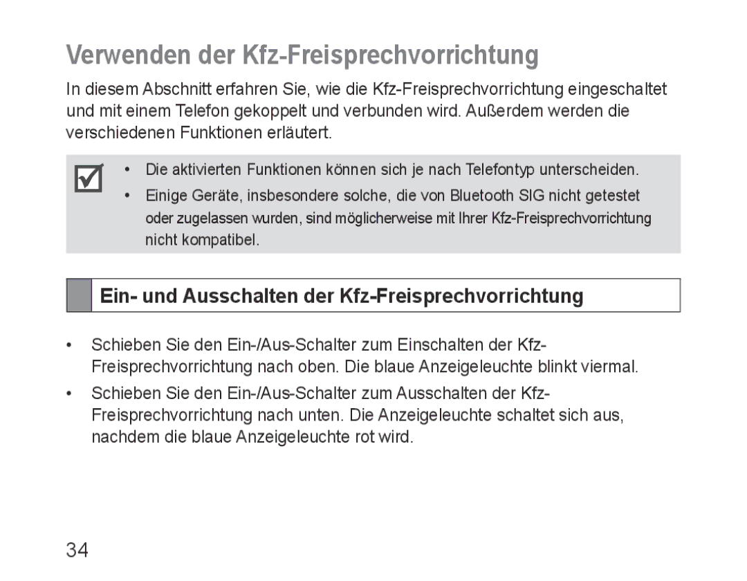 Samsung BHF1000VBECFOP manual Verwenden der Kfz-Freisprechvorrichtung, Ein- und Ausschalten der Kfz-Freisprechvorrichtung 