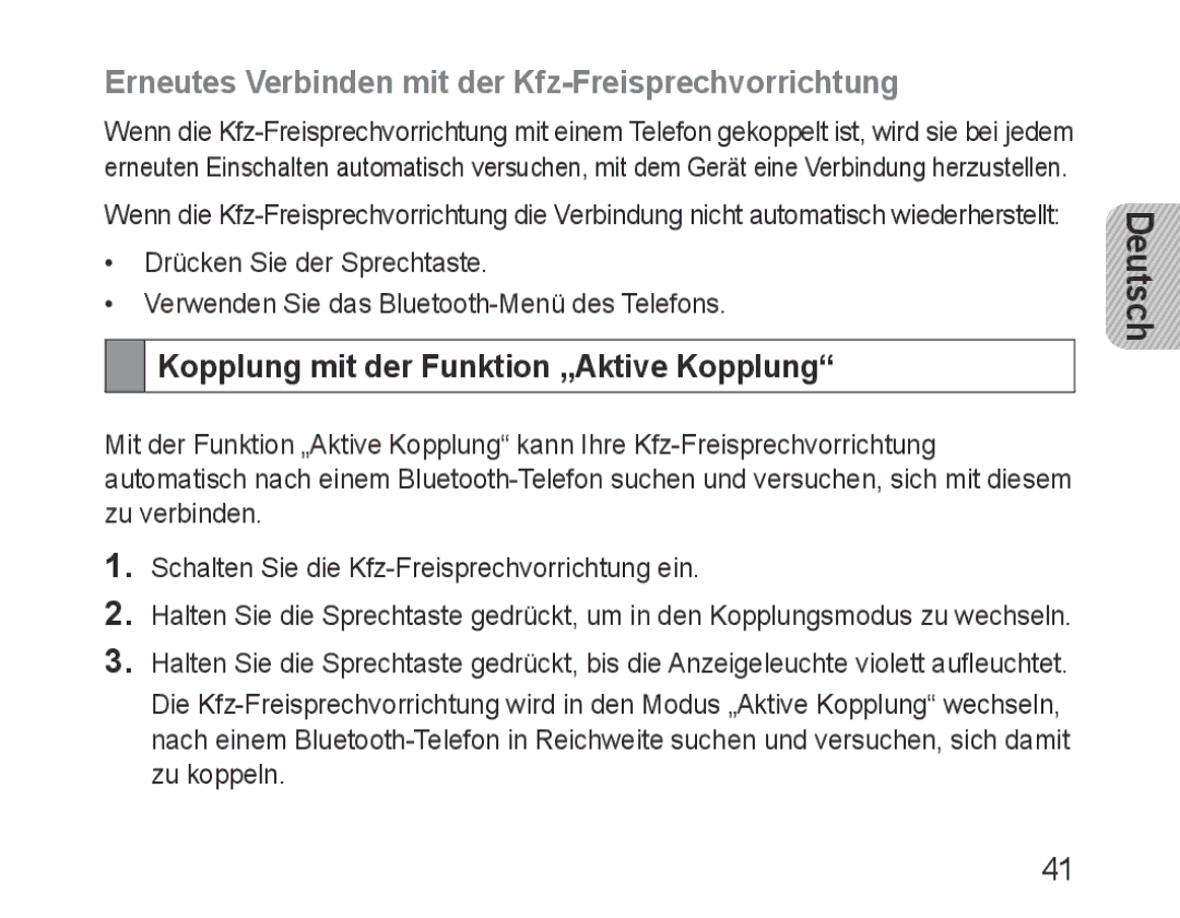 Samsung BHF1000VBECSER Erneutes Verbinden mit der Kfz-Freisprechvorrichtung, Kopplung mit der Funktion „Aktive Kopplung 