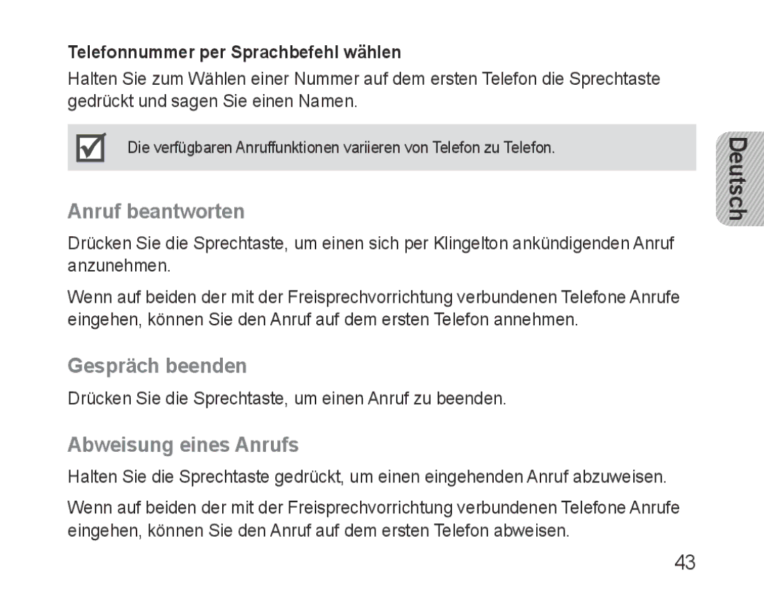 Samsung BHF1000VBECXET Anruf beantworten, Gespräch beenden, Abweisung eines Anrufs, Telefonnummer per Sprachbefehl wählen 