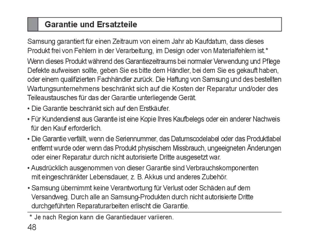 Samsung BHF1000VBECXEH, BHF1000VBECXEF, BHF1000VBECXET, BHF1000VMECFOP, BHF1000VBECFOP manual Garantie und Ersatzteile 