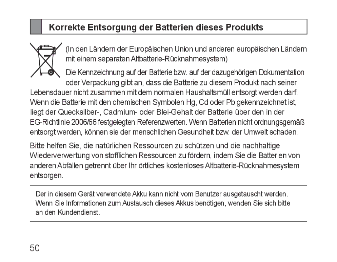 Samsung BHF1000VBECXEE, BHF1000VBECXEF, BHF1000VBECXET, BHF1000VMECFOP Korrekte Entsorgung der Batterien dieses Produkts 