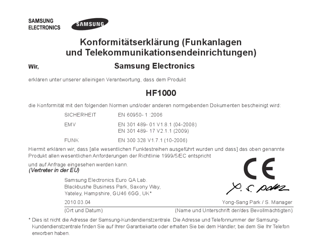 Samsung BHF1000VBECSER, BHF1000VBECXEF manual Konformitätserklärung Funkanlagen, Und Telekommunikationsendeinrichtungen 