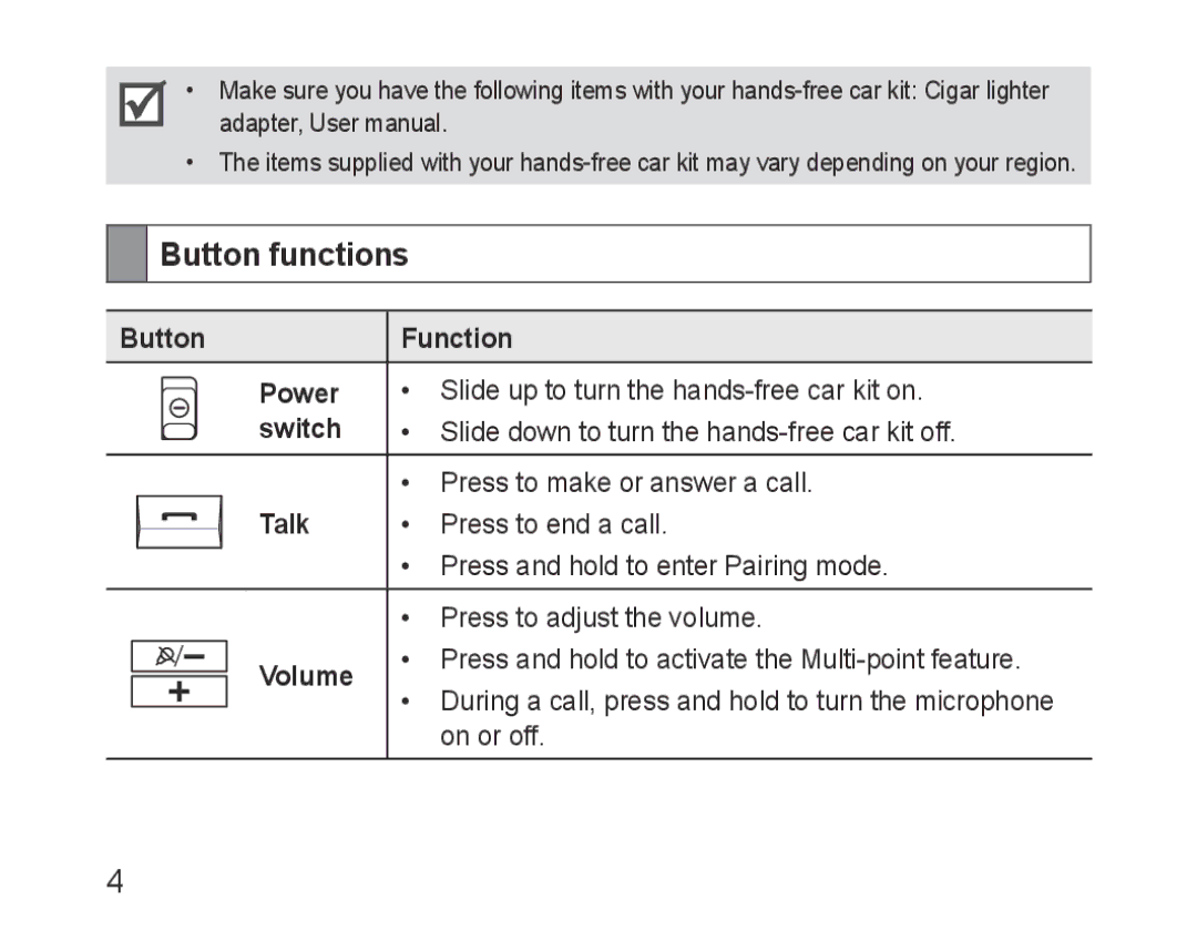 Samsung BHF1000VBECXEH, BHF1000VBECXEF, BHF1000VBECXET manual Button functions, Button Function Power, Switch, Talk, Volume 