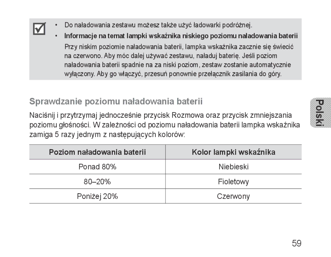 Samsung BHF1000VBECXEH manual Sprawdzanie poziomu naładowania baterii, Poziom naładowania baterii Kolor lampki wskaźnika 