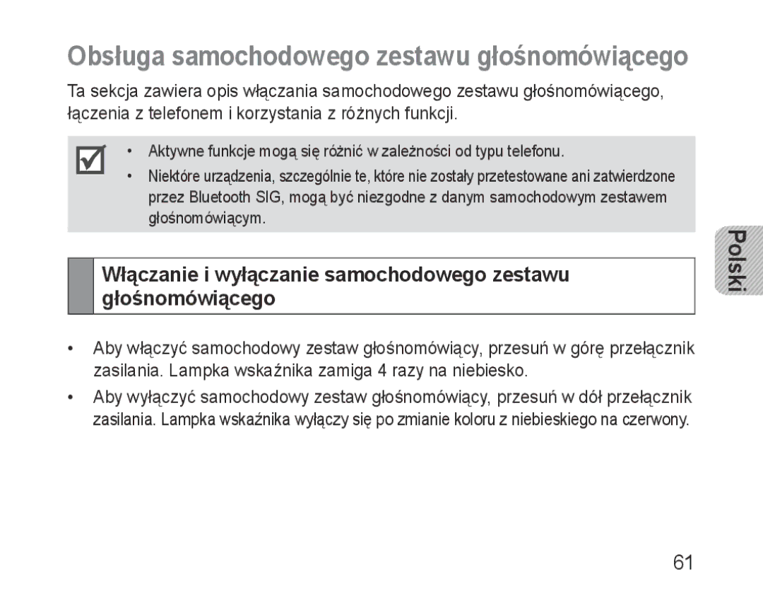 Samsung BHF1000VBECXEE, BHF1000VBECXEF, BHF1000VBECXET, BHF1000VMECFOP manual Obsługa samochodowego zestawu głośnomówiącego 