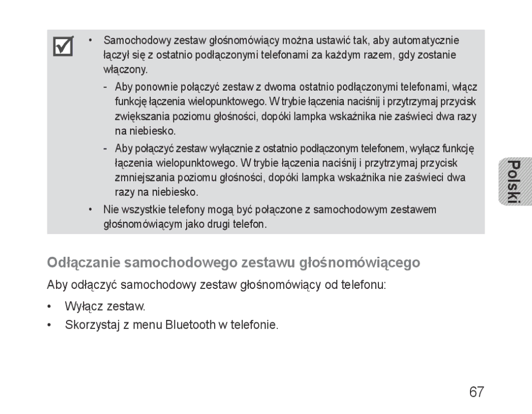 Samsung BHF1000VBECFOP, BHF1000VBECXEF, BHF1000VBECXET, BHF1000VMECFOP manual Odłączanie samochodowego zestawu głośnomówiącego 