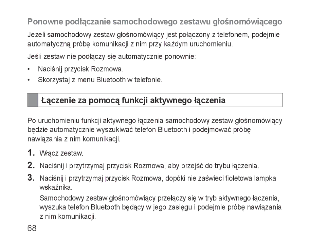 Samsung BHF1000VBECXSG, BHF1000VBECXEF, BHF1000VBECXET manual Ponowne podłączanie samochodowego zestawu głośnomówiącego 