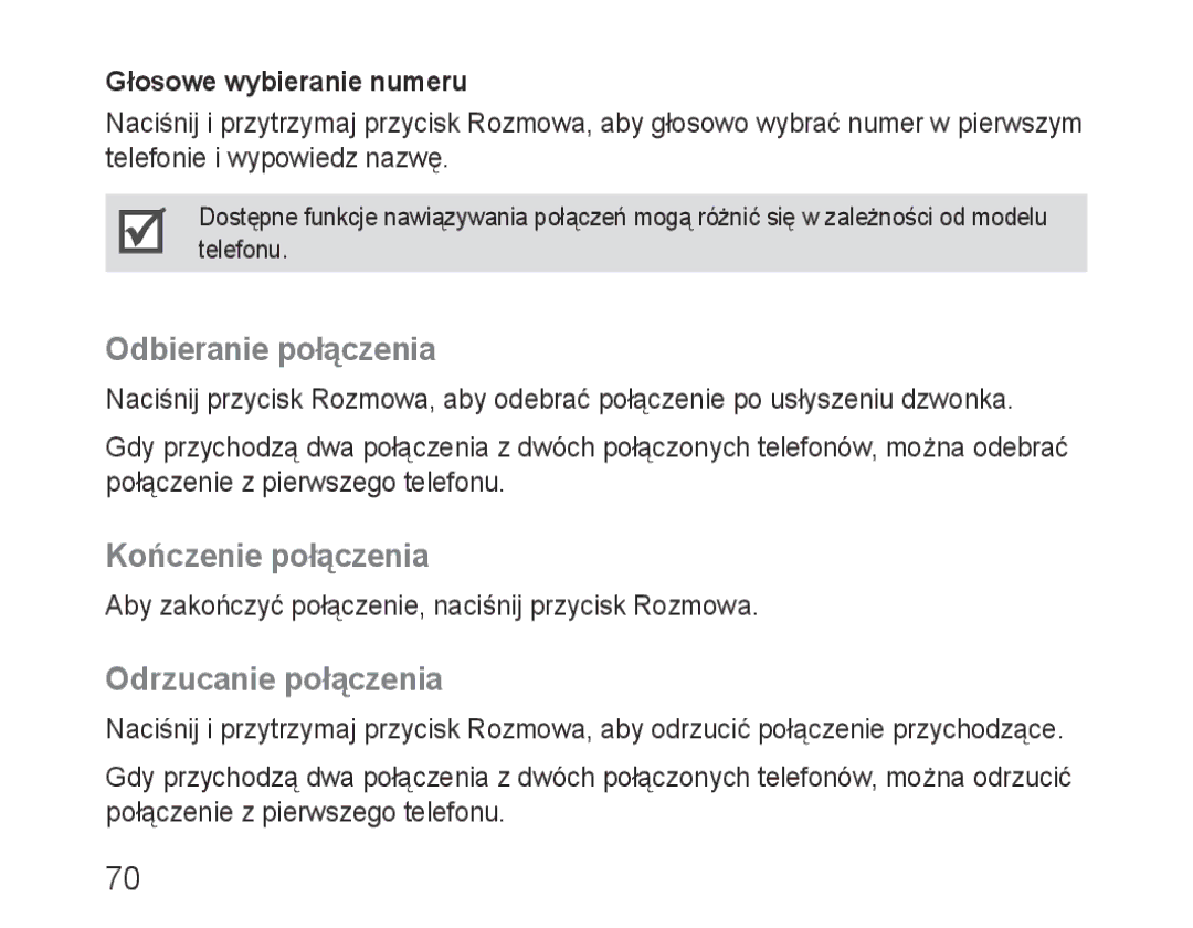 Samsung BHF1000VBECXEH manual Odbieranie połączenia, Kończenie połączenia, Odrzucanie połączenia, Głosowe wybieranie numeru 