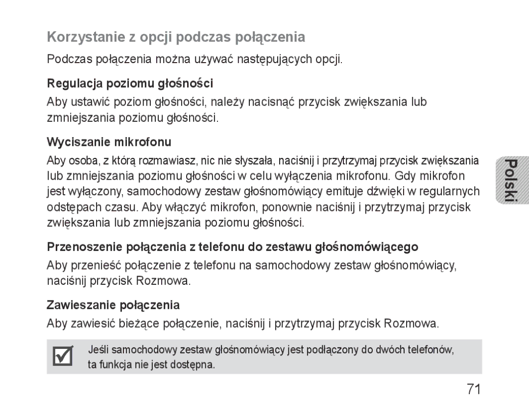 Samsung BHF1000VBECSEB manual Korzystanie z opcji podczas połączenia, Regulacja poziomu głośności, Wyciszanie mikrofonu 