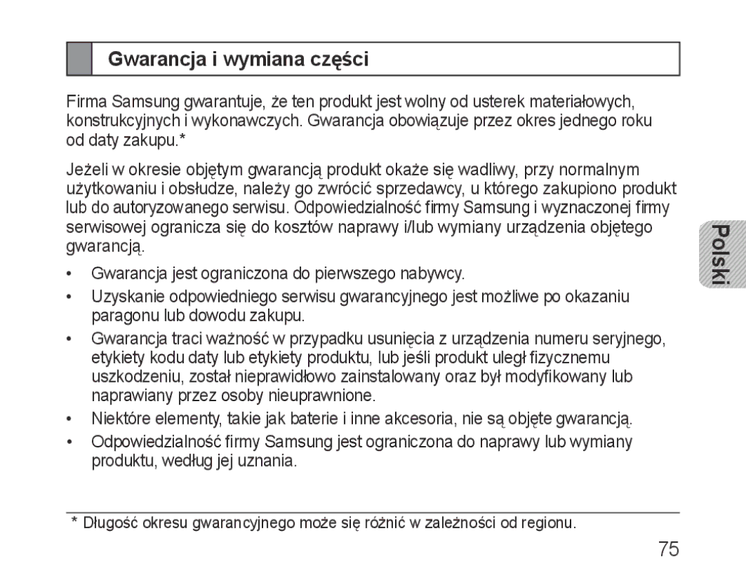 Samsung BHF1000VBECXEF, BHF1000VBECXET, BHF1000VMECFOP, BHF1000VBECFOP, BHF1000VBECXSG manual Gwarancja i wymiana części 