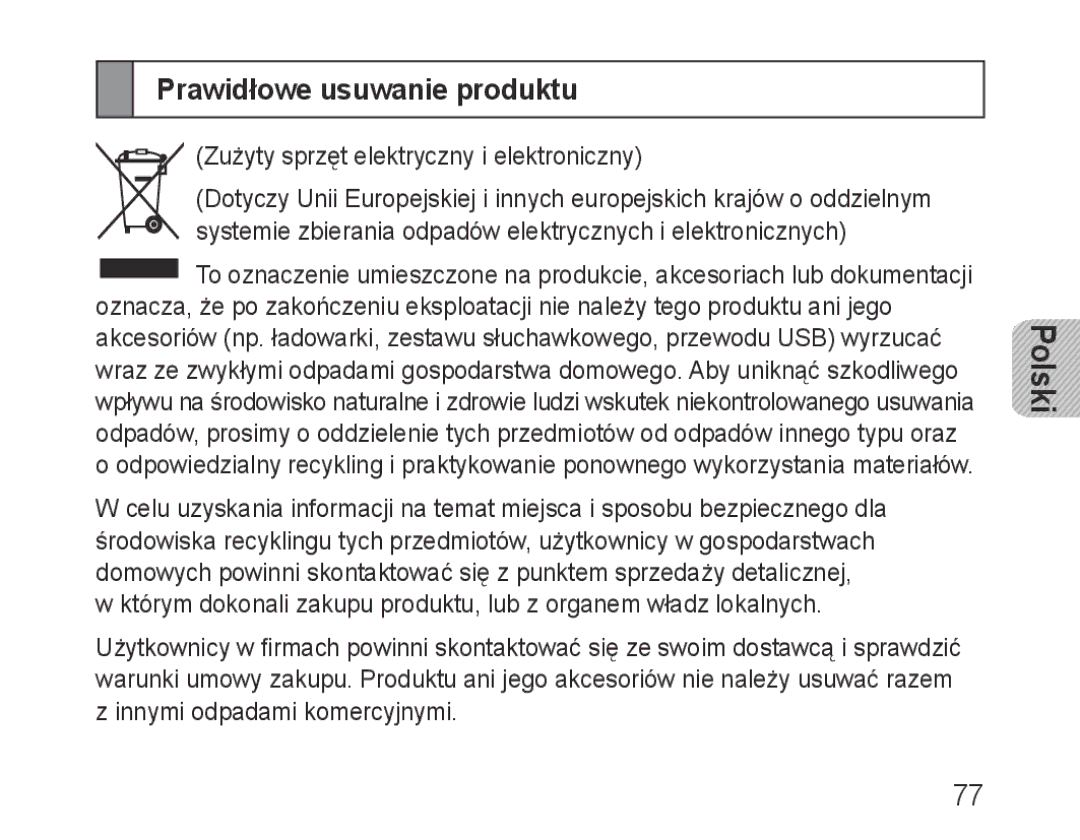 Samsung BHF1000VMECFOP, BHF1000VBECXEF, BHF1000VBECXET, BHF1000VBECFOP, BHF1000VBECXSG manual Prawidłowe usuwanie produktu 