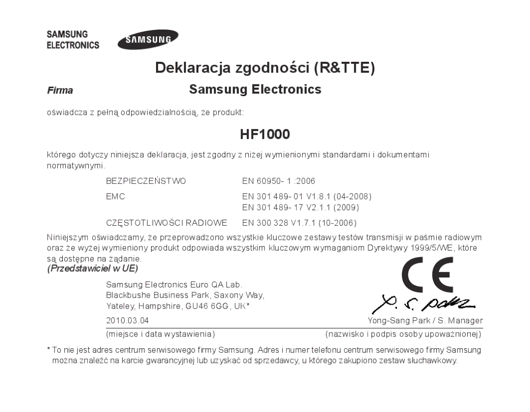 Samsung BHF1000VBEGJED, BHF1000VBECXEF, BHF1000VBECXET, BHF1000VMECFOP, BHF1000VBECFOP manual Deklaracja zgodności R&TTE 