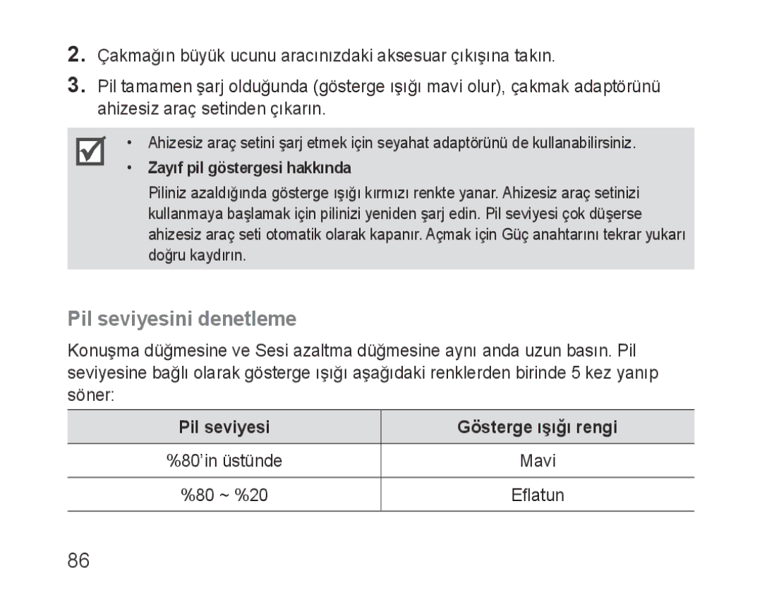 Samsung BHF1000VBECXEF, BHF1000VBECXET, BHF1000VMECFOP manual Pil seviyesini denetleme, Pil seviyesi Gösterge ışığı rengi 