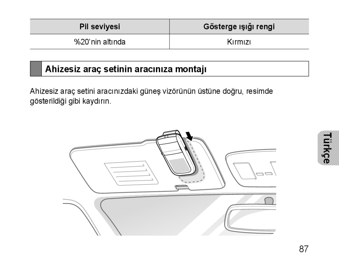 Samsung BHF1000VBECXET manual Ahizesiz araç setinin aracınıza montajı, Pil seviyesi Gösterge ışığı rengi 20’nin altında 