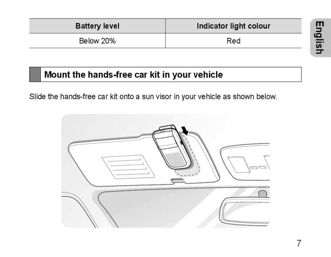 Samsung BHF1000VBECEUR Mount the hands-free car kit in your vehicle, Battery level Indicator light colour Below 20% Red 