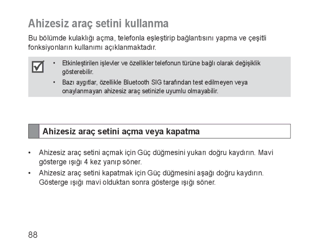 Samsung BHF1000VMECFOP, BHF1000VBECXEF manual Ahizesiz araç setini kullanma, Ahizesiz araç setini açma veya kapatma 