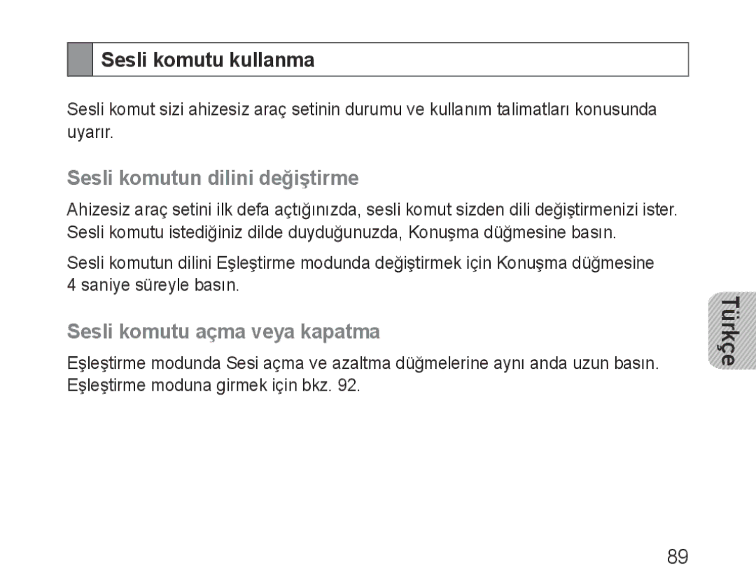 Samsung BHF1000VBECFOP manual Sesli komutu kullanma, Sesli komutun dilini değiştirme, Sesli komutu açma veya kapatma 