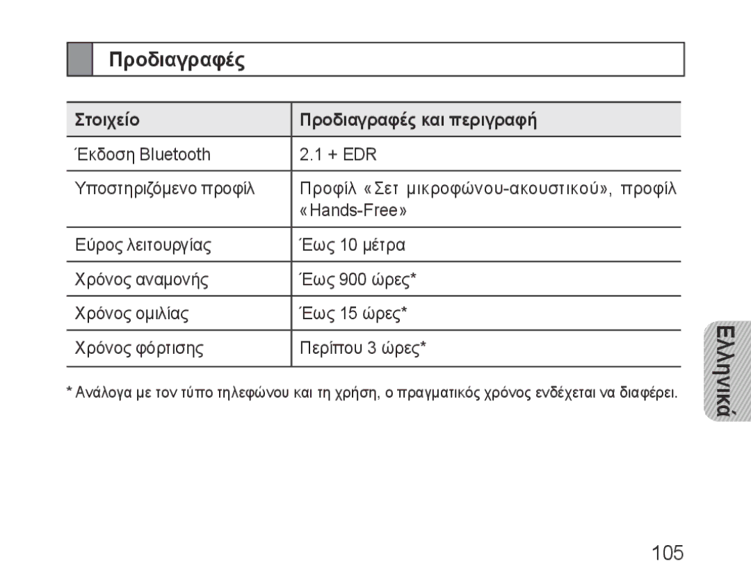 Samsung BHF1000VBECSEB, BHF1000VBECXEF, BHF1000VBECXET, BHF1000VMECFOP manual 105, Στοιχείο Προδιαγραφές και περιγραφή 