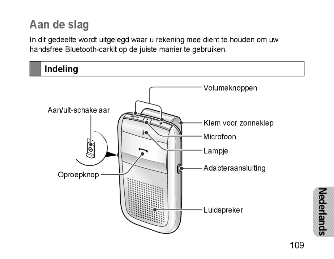 Samsung BHF1000VBECXET, BHF1000VBECXEF, BHF1000VMECFOP, BHF1000VBECFOP, BHF1000VBECXSG manual Aan de slag, Indeling, 109 