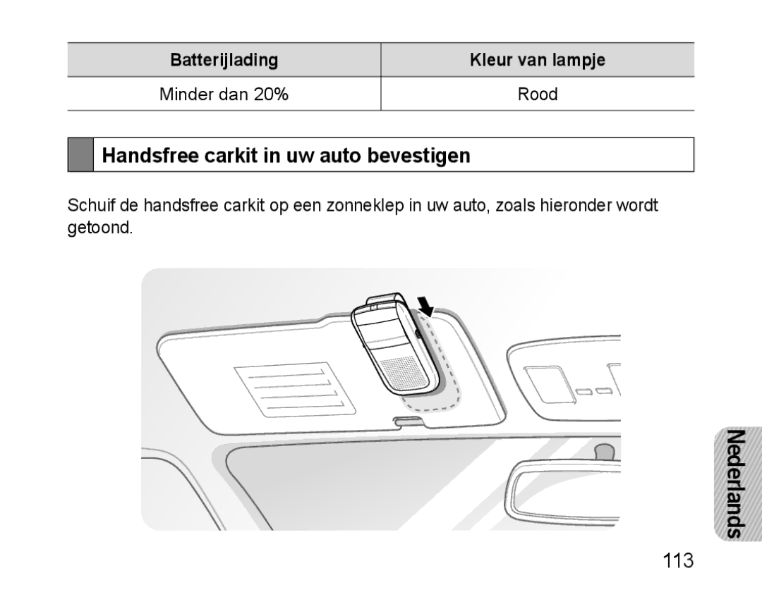 Samsung BHF1000VBEGJED Handsfree carkit in uw auto bevestigen, 113, Batterijlading Kleur van lampje Minder dan 20% Rood 