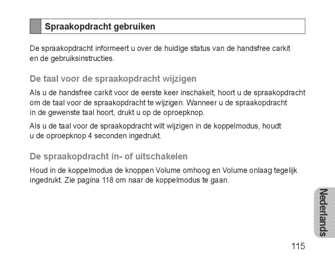 Samsung BHF1000VBECSEB, BHF1000VBECXEF manual Spraakopdracht gebruiken, De taal voor de spraakopdracht wijzigen, 115 