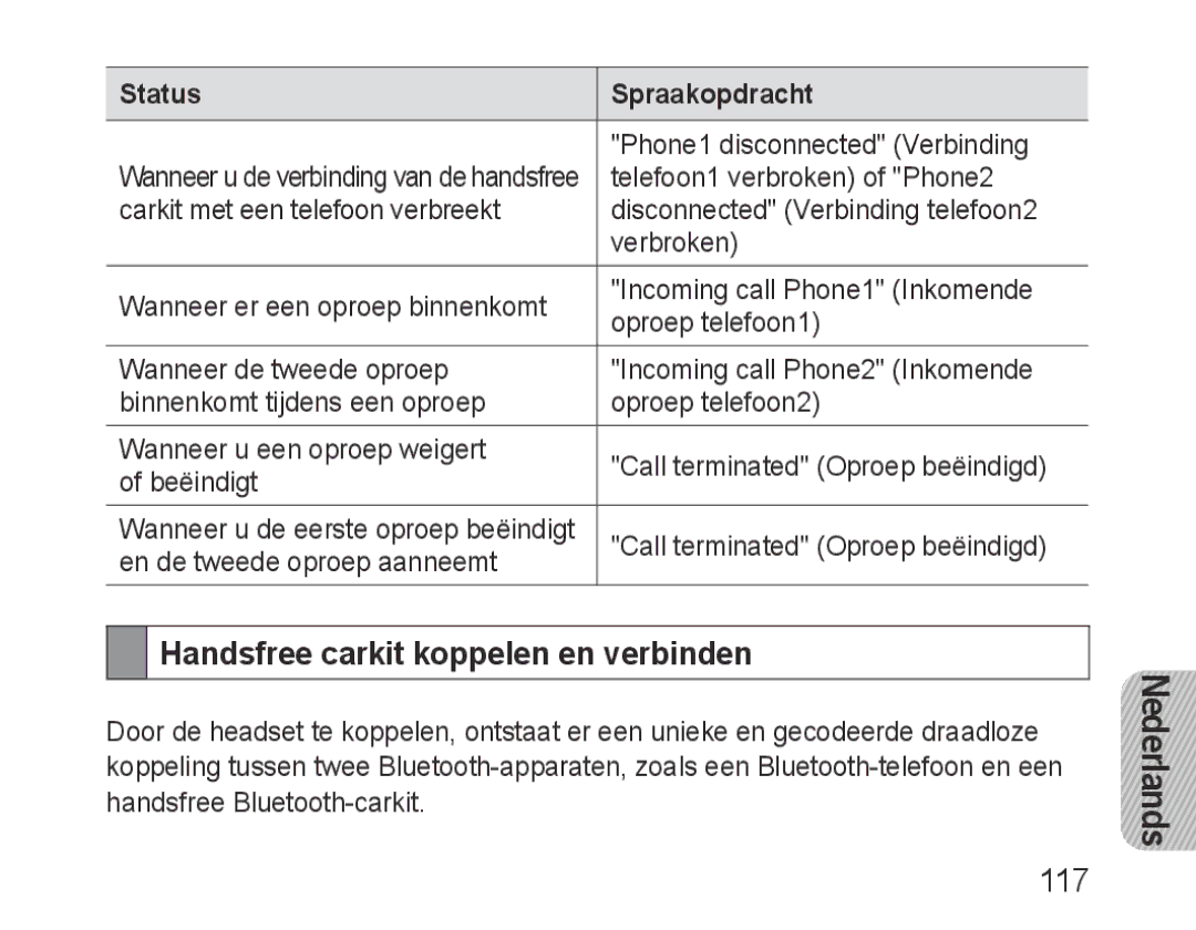 Samsung BHF1000VBECSER, BHF1000VBECXEF, BHF1000VBECXET, BHF1000VMECFOP manual Handsfree carkit koppelen en verbinden, 117 