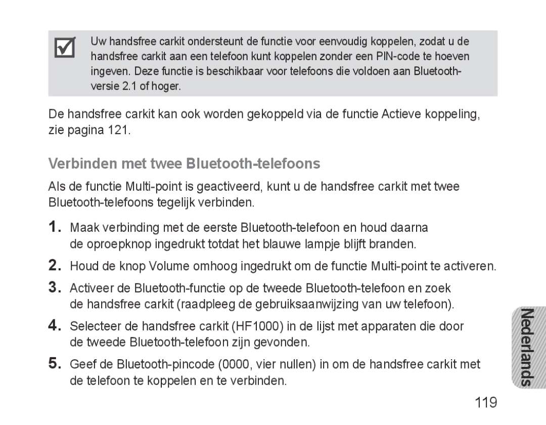 Samsung BHF1000VBECXET, BHF1000VBECXEF, BHF1000VMECFOP, BHF1000VBECFOP manual Verbinden met twee Bluetooth-telefoons, 119 