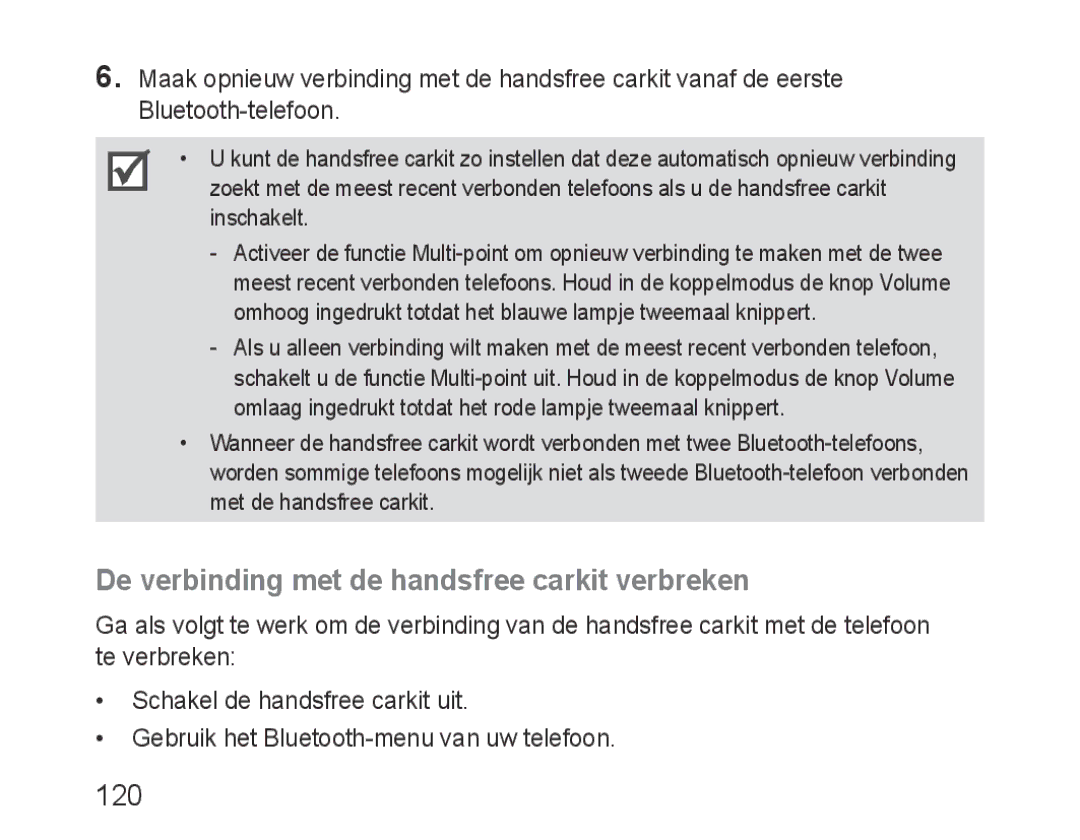 Samsung BHF1000VMECFOP, BHF1000VBECXEF, BHF1000VBECXET, BHF1000VBECFOP De verbinding met de handsfree carkit verbreken, 120 