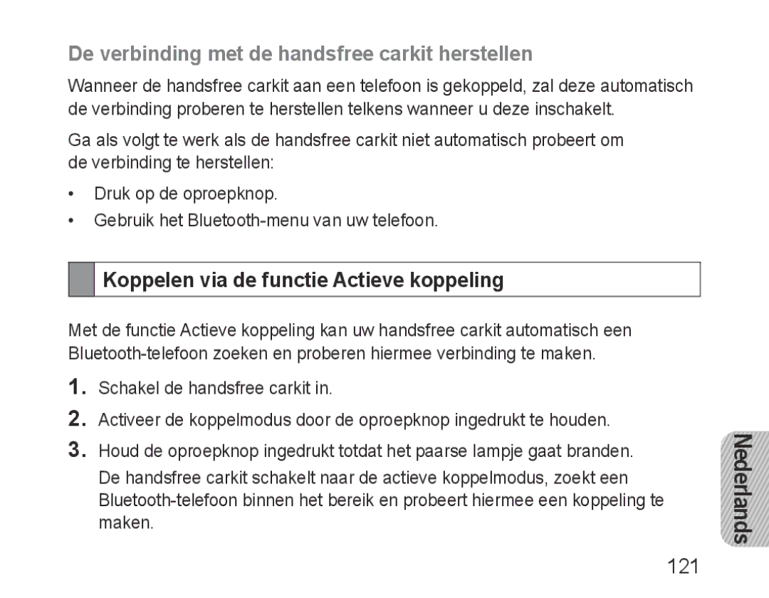 Samsung BHF1000VBECFOP De verbinding met de handsfree carkit herstellen, Koppelen via de functie Actieve koppeling, 121 